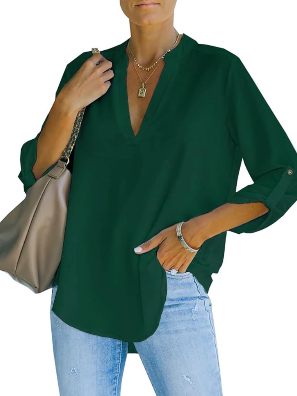 AISEW Emerald Green Long Sleeve V Neck Roll Tab Top Blouse Women's Large